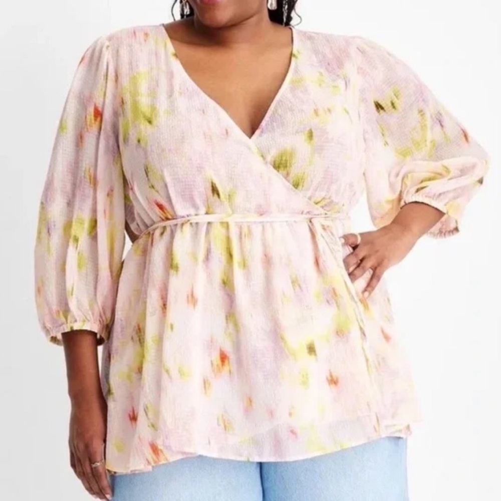 Future Collective Multicolor 3/4 Sleeve V Neck Wrap Blouse
